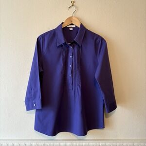 Coldwater Creek No Iron Shirt Pintuck Pleat Half Button Popover Purple Women's L